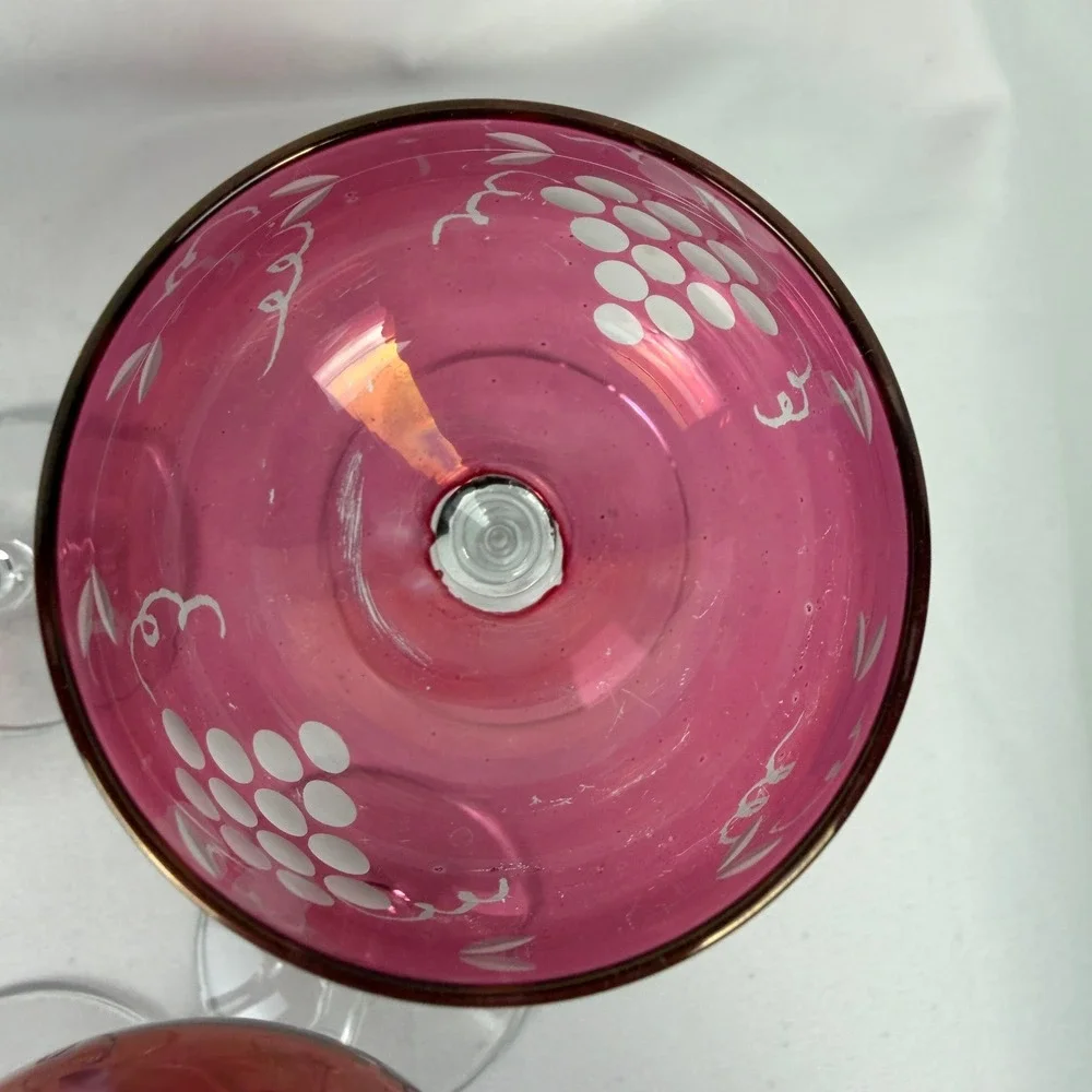 Vintage Cranberry Glass Cordial Set 6 Red Etched Grape Vine Clear Stem Barware